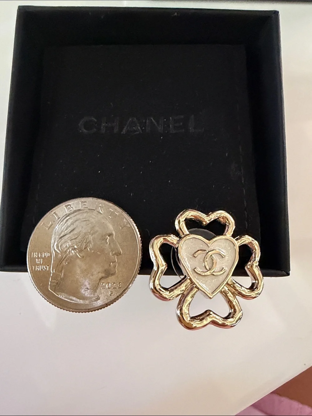 CHANEL Gold and Cream Heart Clover Earrings with CC Logo